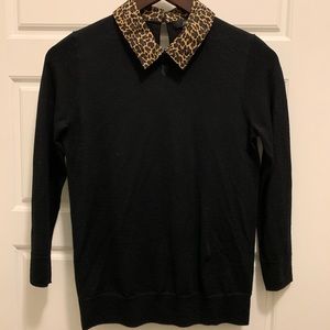 J. Crew black sweater with leopard collar. NWOT